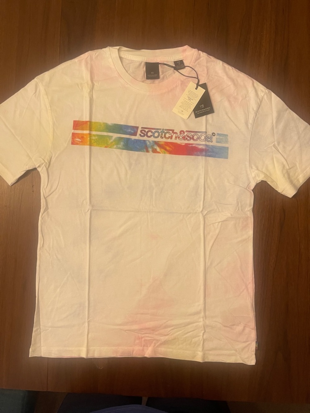 Scotch & Soda White Tee with Rainbow Tie-Dye Logo Stripe